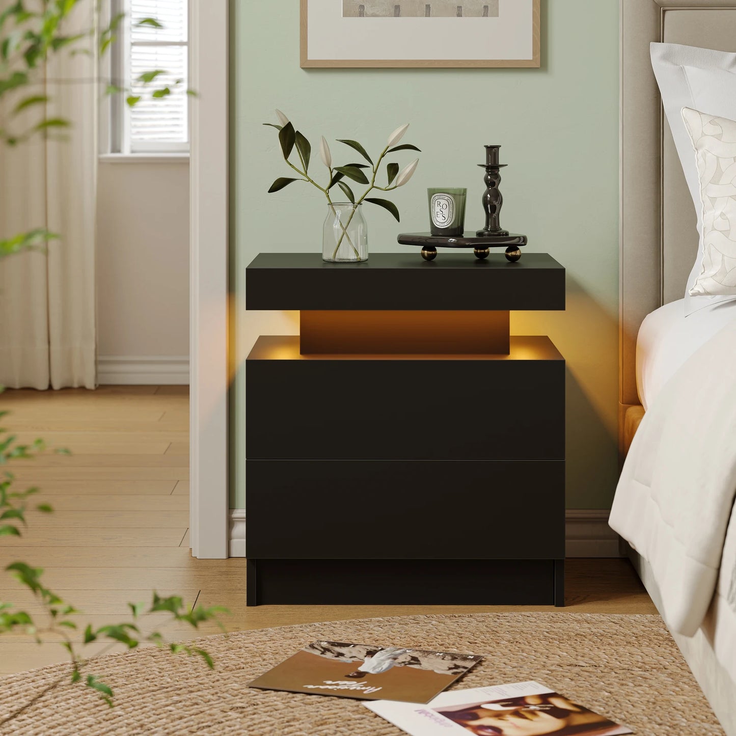 Cubehom LED Nightstands With 2 Drawers And RGB Lights For Bedroom