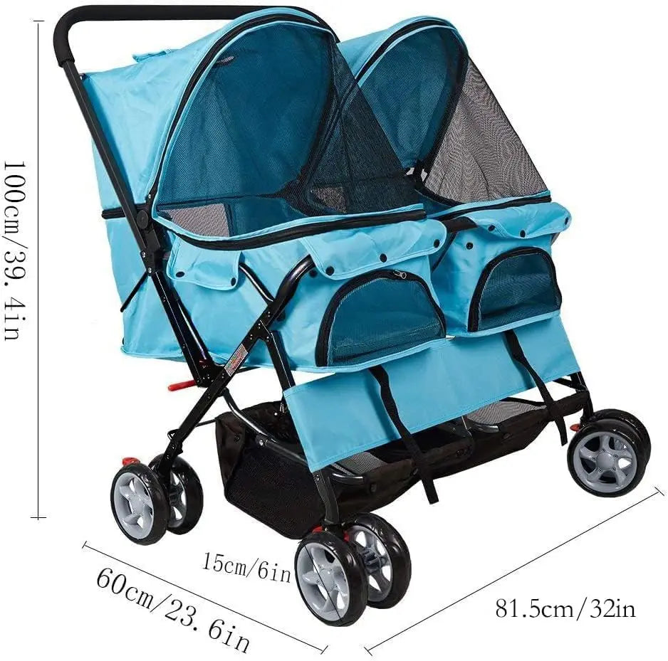 Foldable Twin Pet Stroller for Dogs and Cats Portable Travel