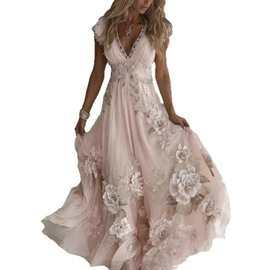 Spring European Style Loose Slit 3D Printed Dress For Women