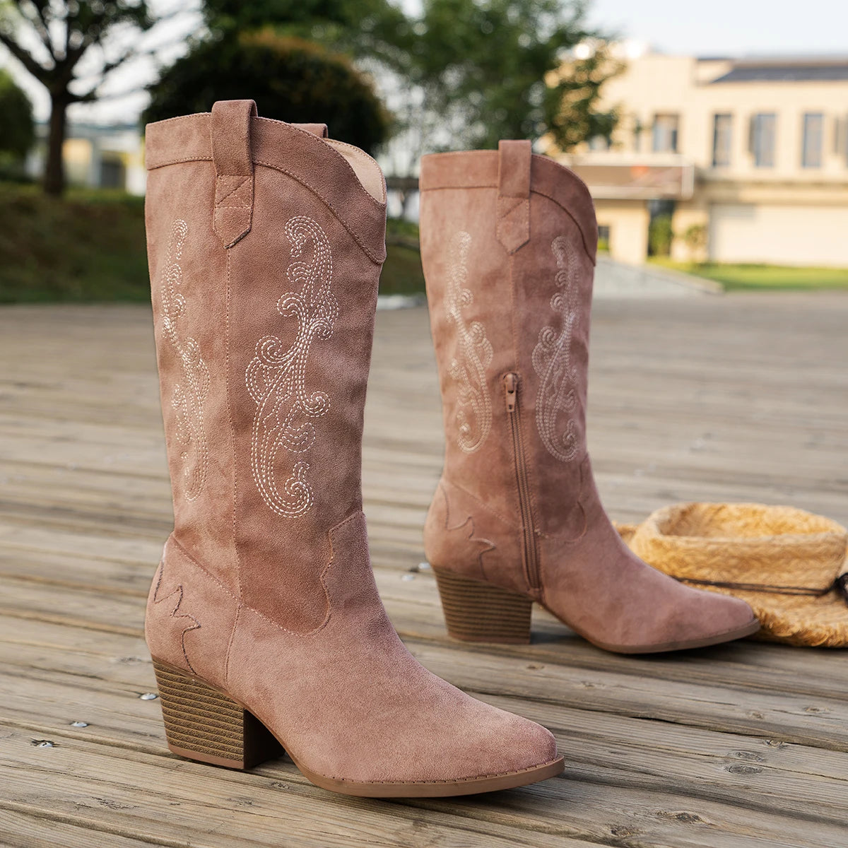 Velvet Knee High Western Embroidered Boots for Women