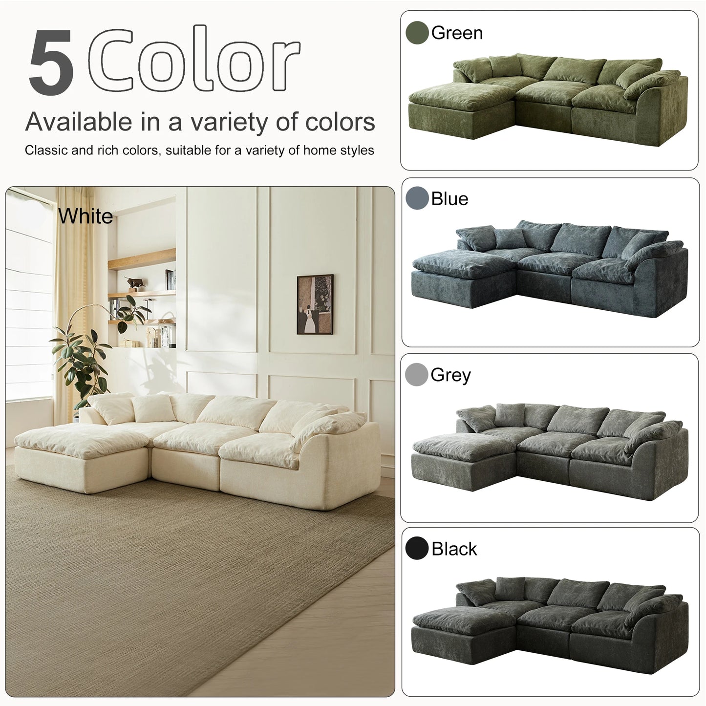 Yeflixvrau Modern Cloud L-Shaped 3-Seater Chenille Sofa With Ottoman