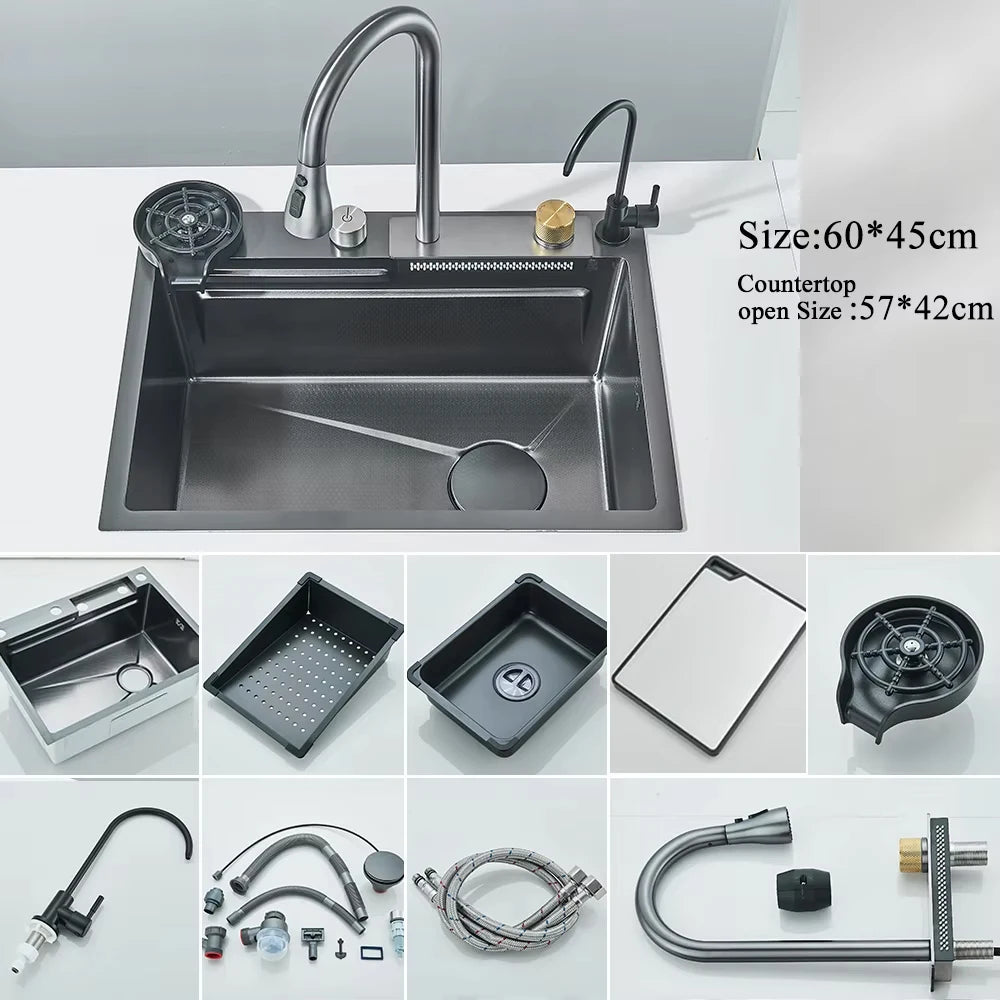 MYQualife 304 Stainless Steel Waterfall Kitchen Sink Faucet Set