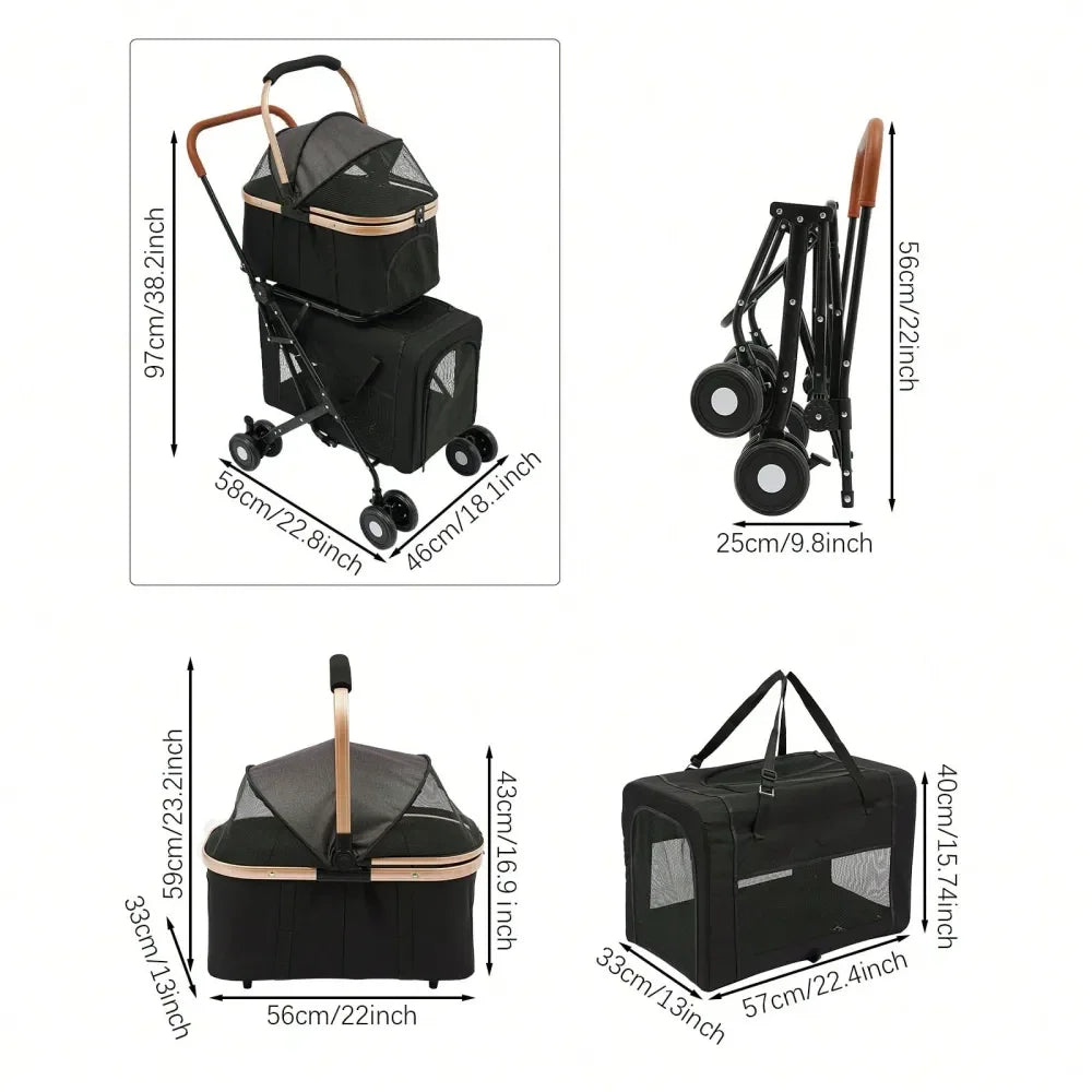 Pet Stroller With 2 Detachable Carrier Bags And Lockable Wheels