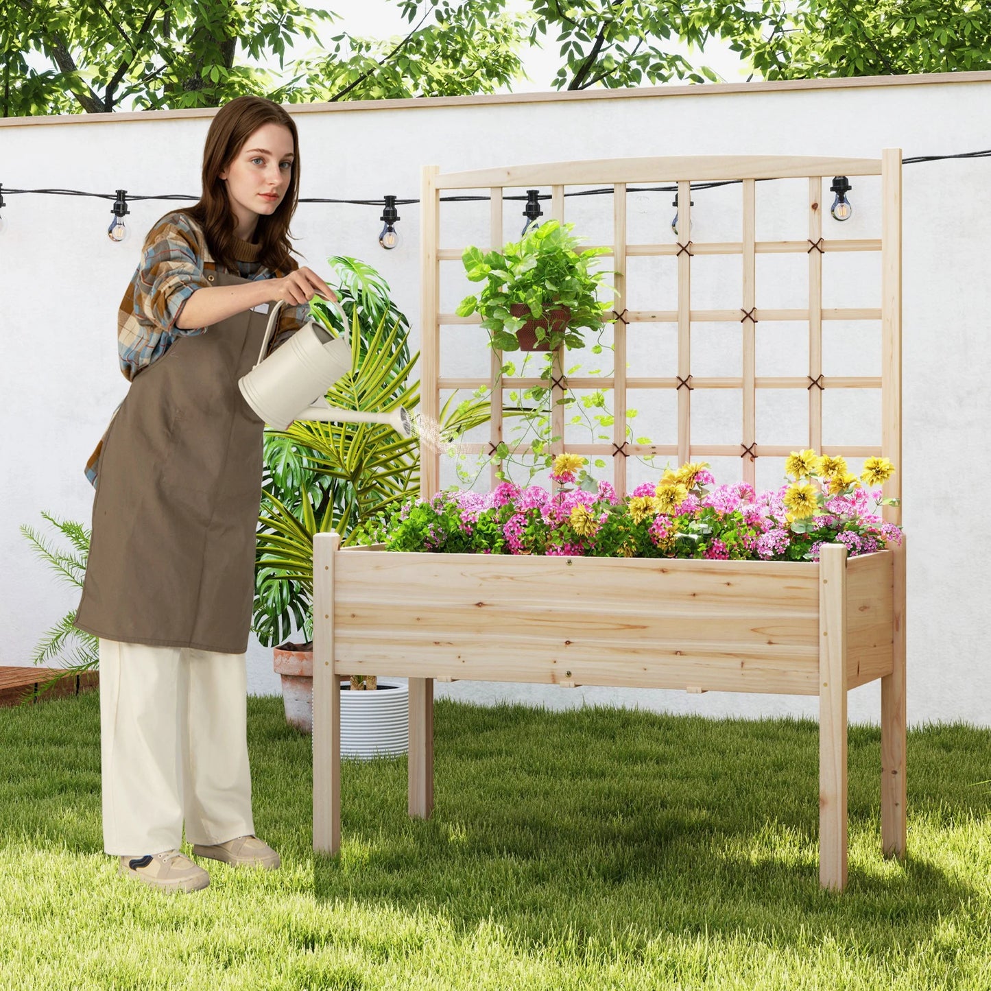 LIFEZEAL Raised Garden Bed With Lattice Trellis And Drainage Holes