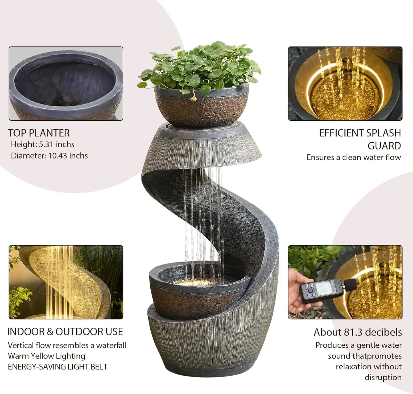 S Shaped Outdoor Fountain With LED Lights And Planter Bowl