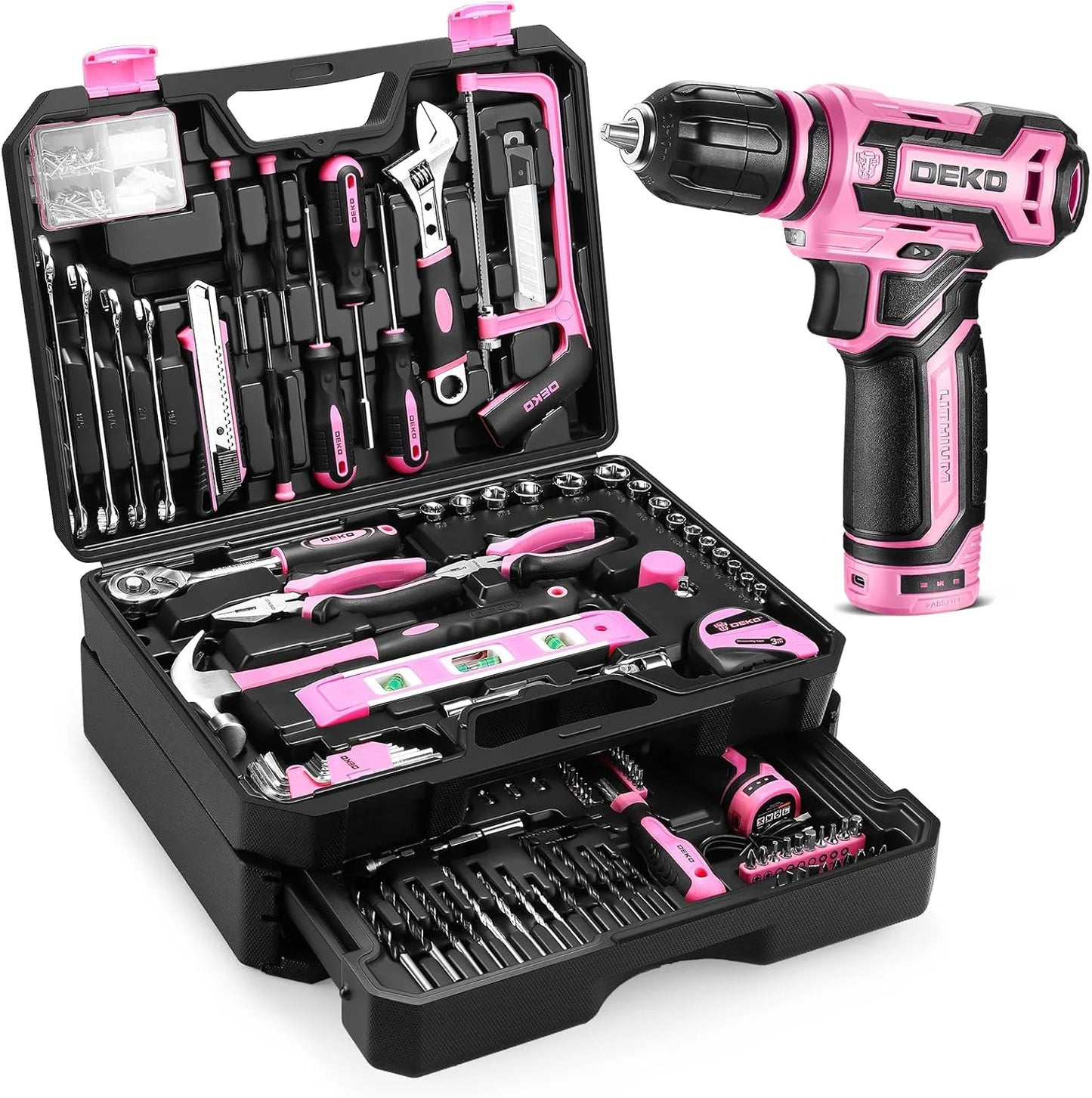 DEKO 12V Cordless Drill And Mechanic Toolbox Kit With Organizer