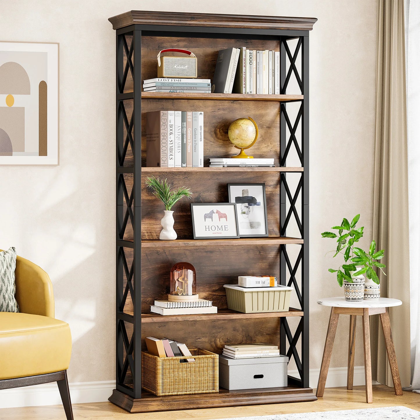 Tribesigns 5 Tier Bookcase Industrial Wood Shelves Floor Standing