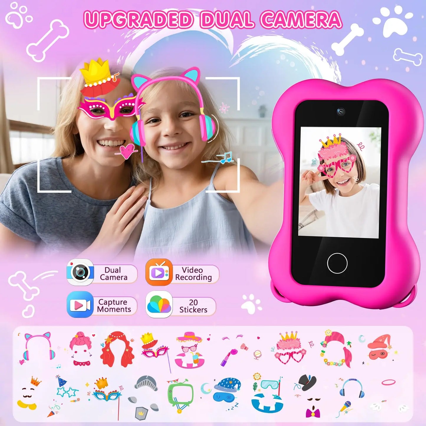 Cute Paws Kids Smartphone Touch Screen Dual Camera Cellphone Toddlers