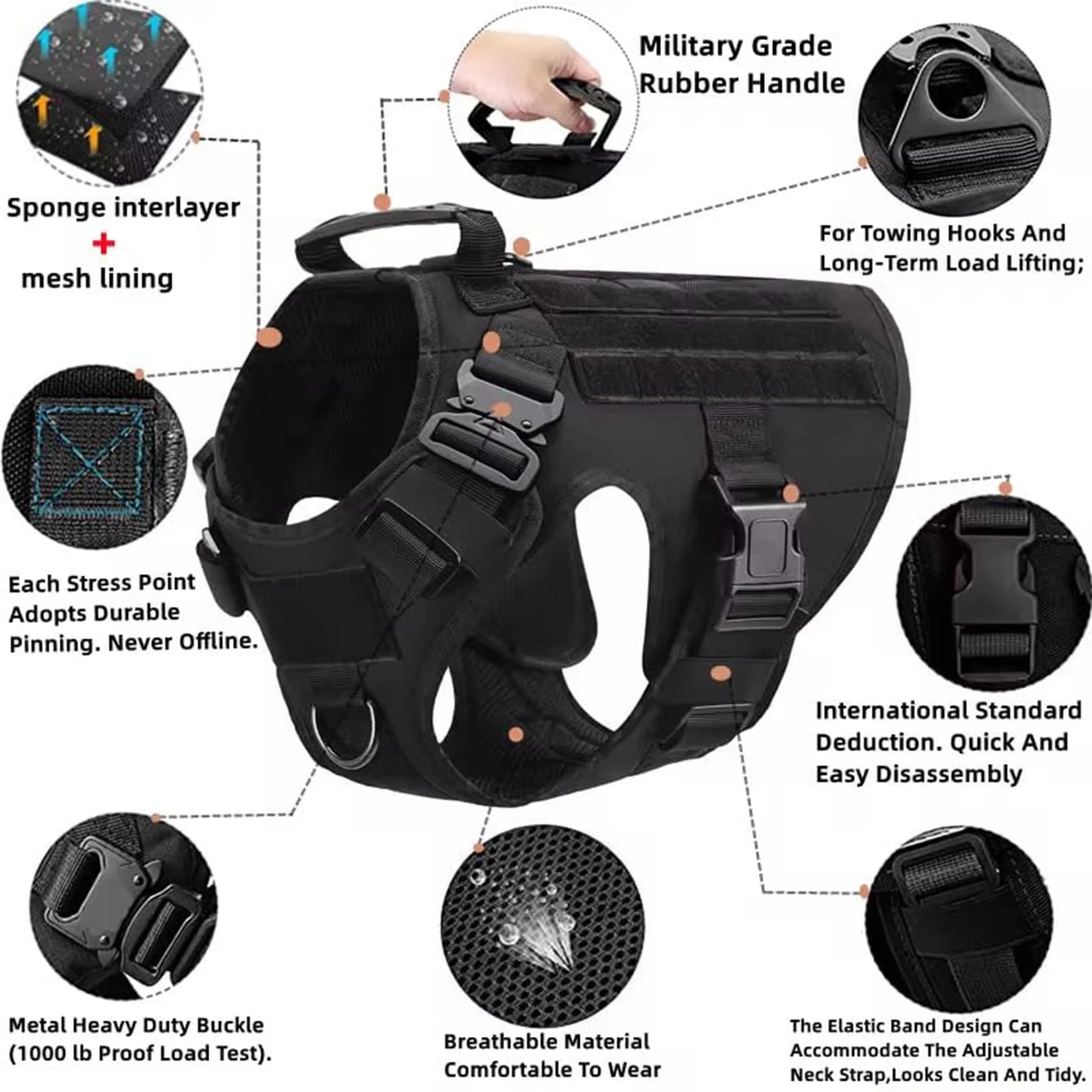 Tactical Dog Harness With Molle Pouches For Medium Large Dogs