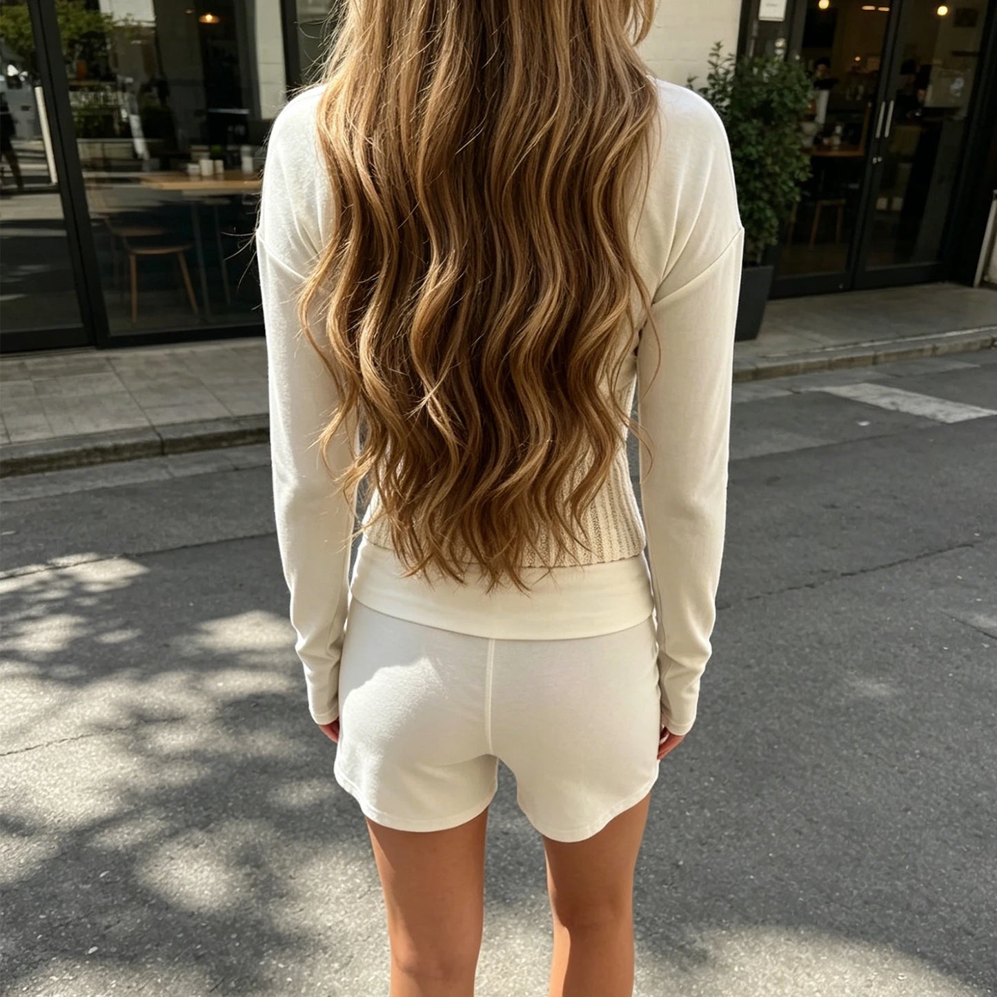 Women V Neck Crop Top Long Sleeves Fashion Fit Shirt
