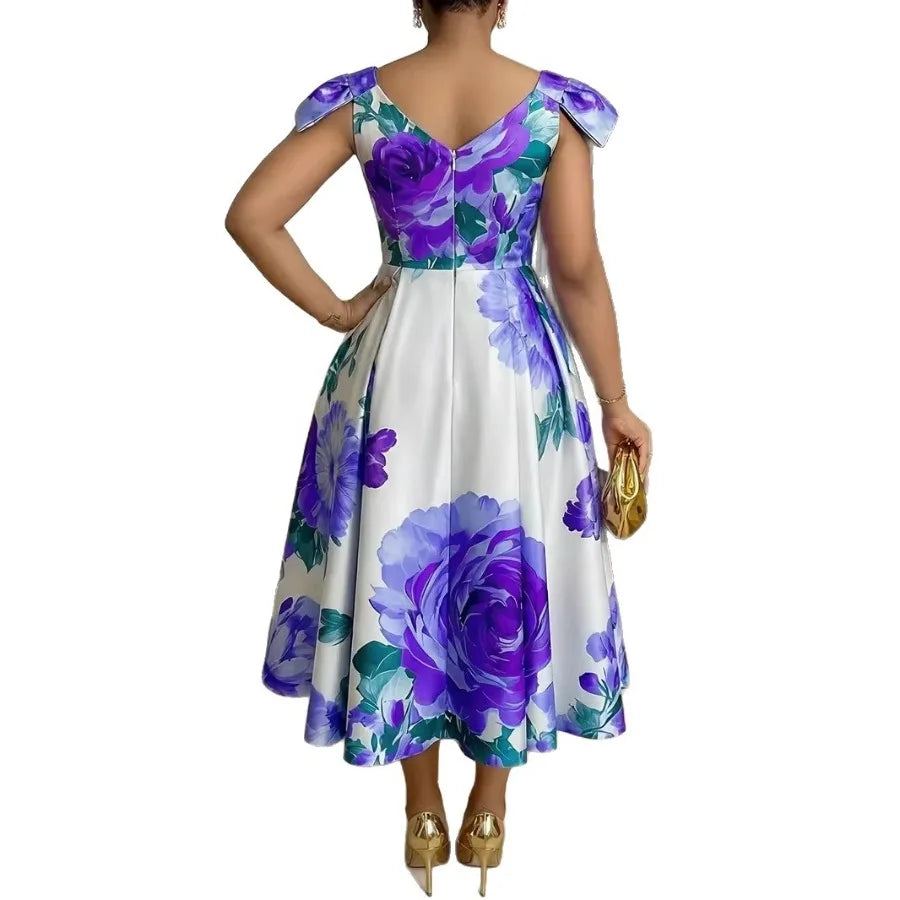 French Orange Blossom Print Dress With Ruffled Neckline Vacation Style