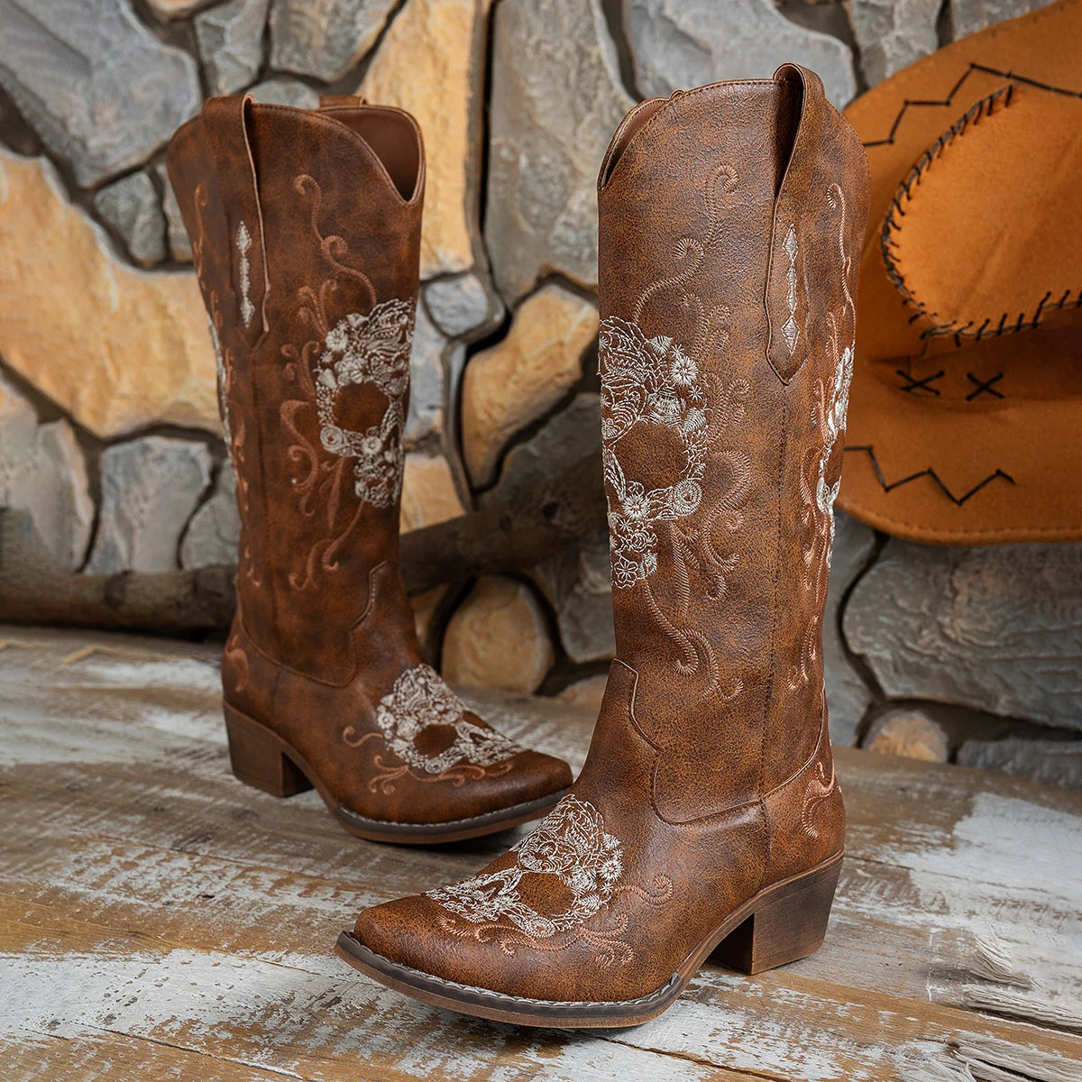 Embroidered Skull Cowboy Boots Western Style Women Slip On