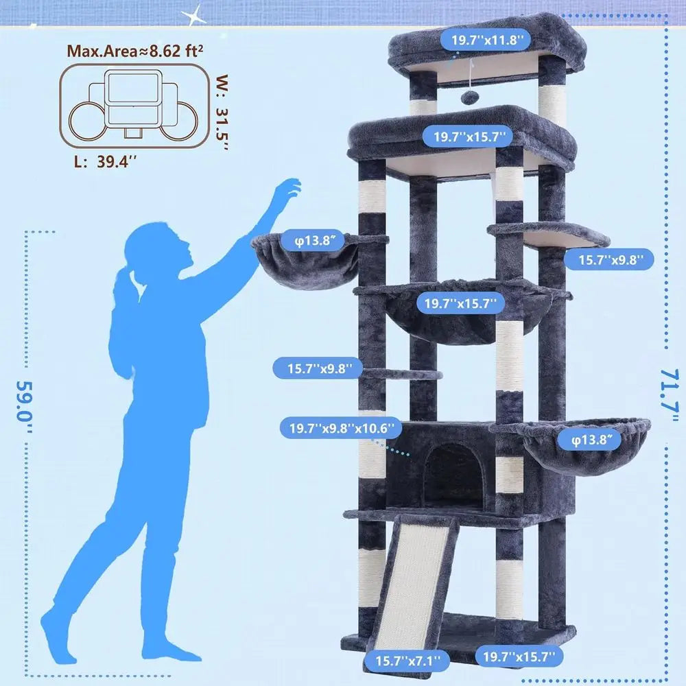 Hey-Cat Tree Tower With Scratching Posts And Cozy Hammocks
