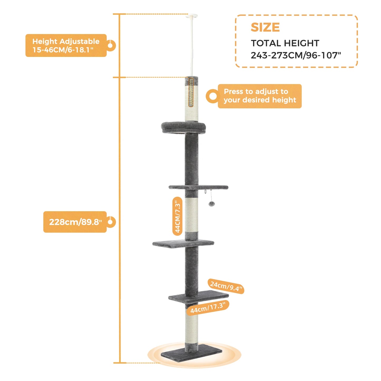 PEQULTI Adjustable Height Cat Tree Indoor Scratching Posts For Cats