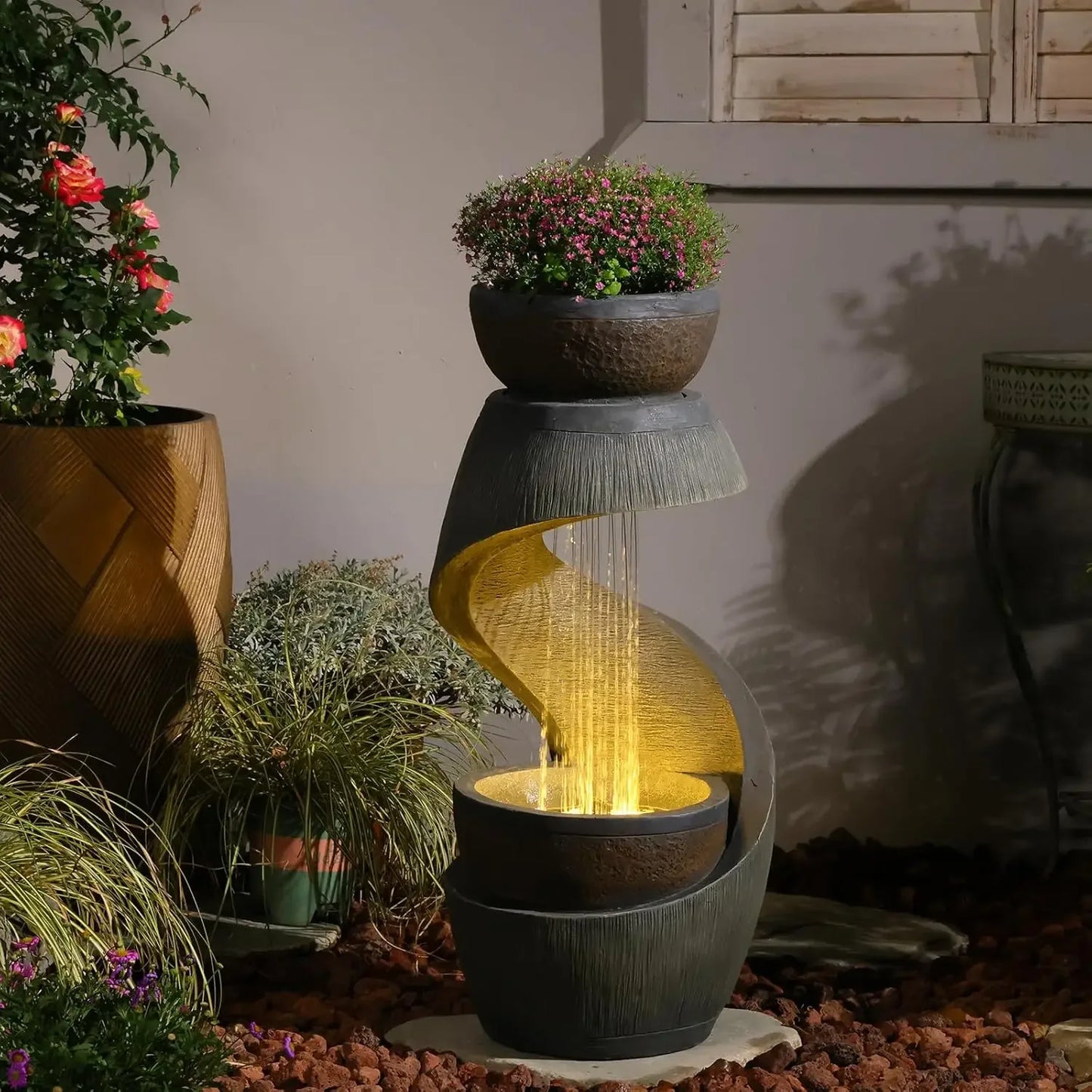 S Shaped Outdoor Fountain With LED Lights And Planter Bowl