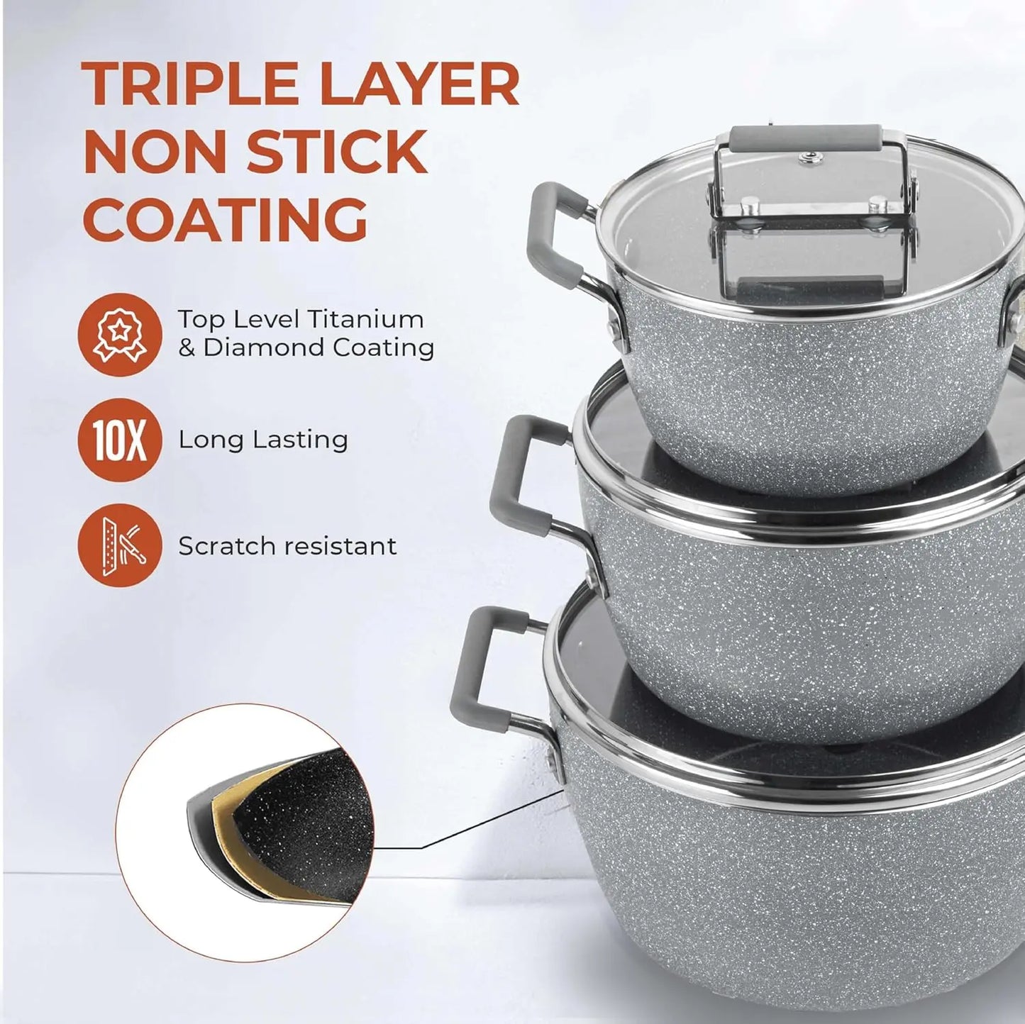 Nonstick Stackable Pots Set With Lids Space Saving Granite Coating