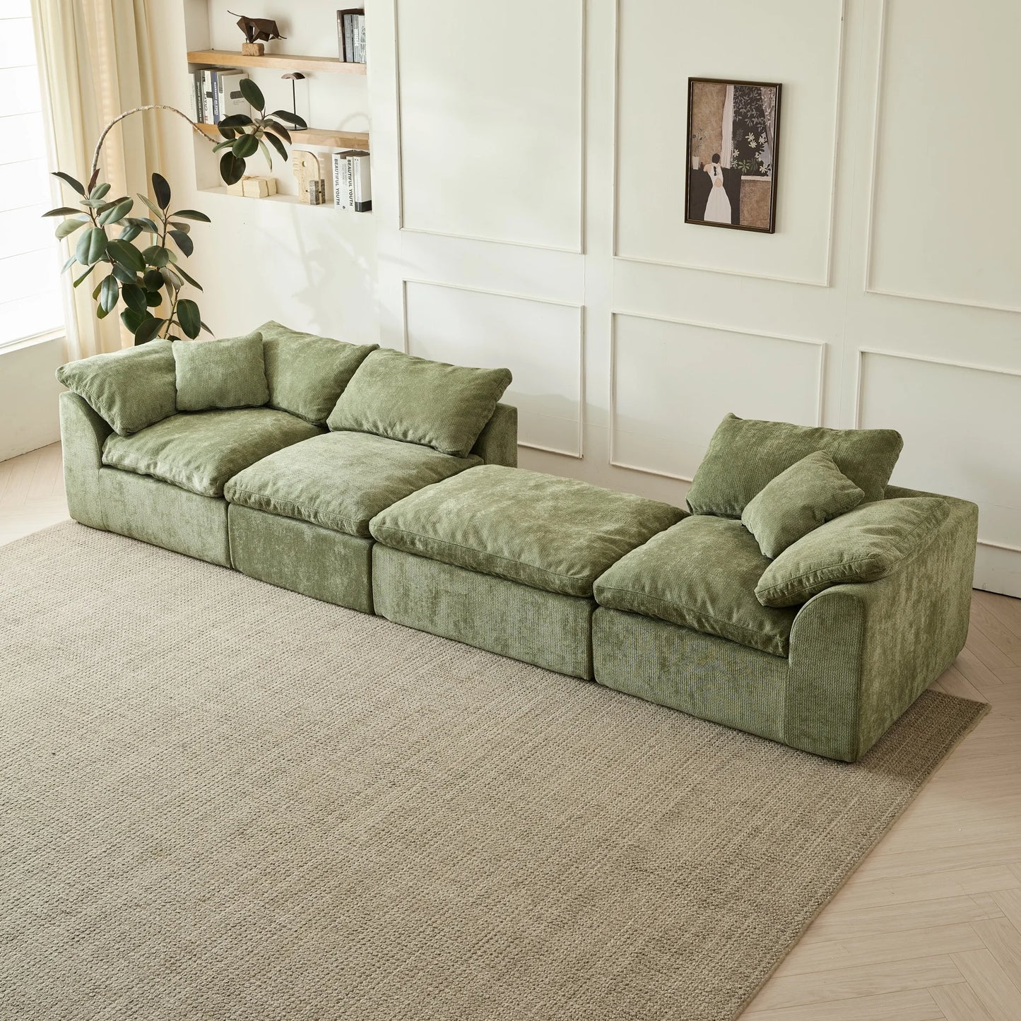 Yeflixvrau Modern Cloud L-Shaped 3-Seater Chenille Sofa With Ottoman