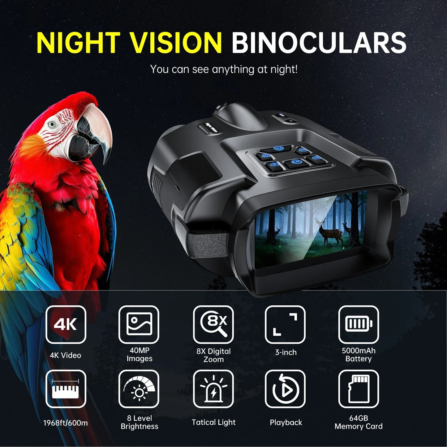 DIYIMIN Night Vision Binoculars 4K Infrared Rechargeable 8x Digital Zoom