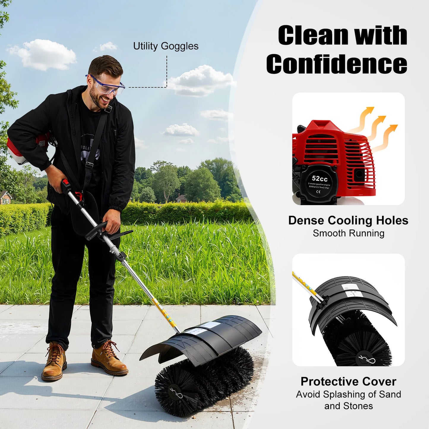 CNCEST 1700W 52cc Gasoline Powered Handheld Lawn Sweeper Broom