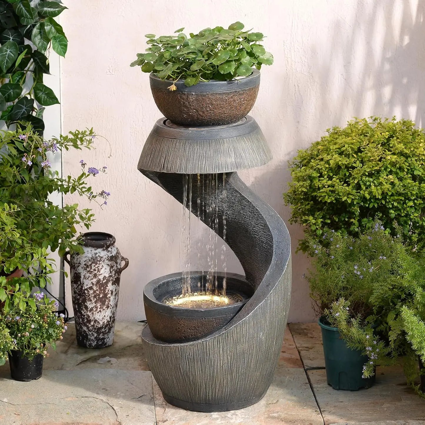 S Shaped Outdoor Fountain With LED Lights And Planter Bowl