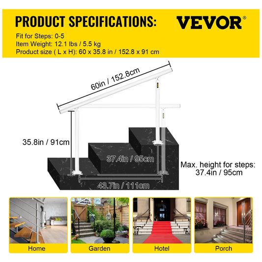 Outdoor Aluminum Handrail Fits 0 to 5 Steps Installation Kit