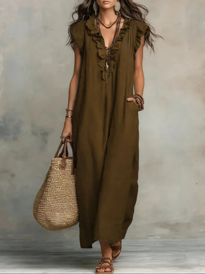 Women's Retro Bohemian Linen Maxi Dress With Ruffle V-Neck