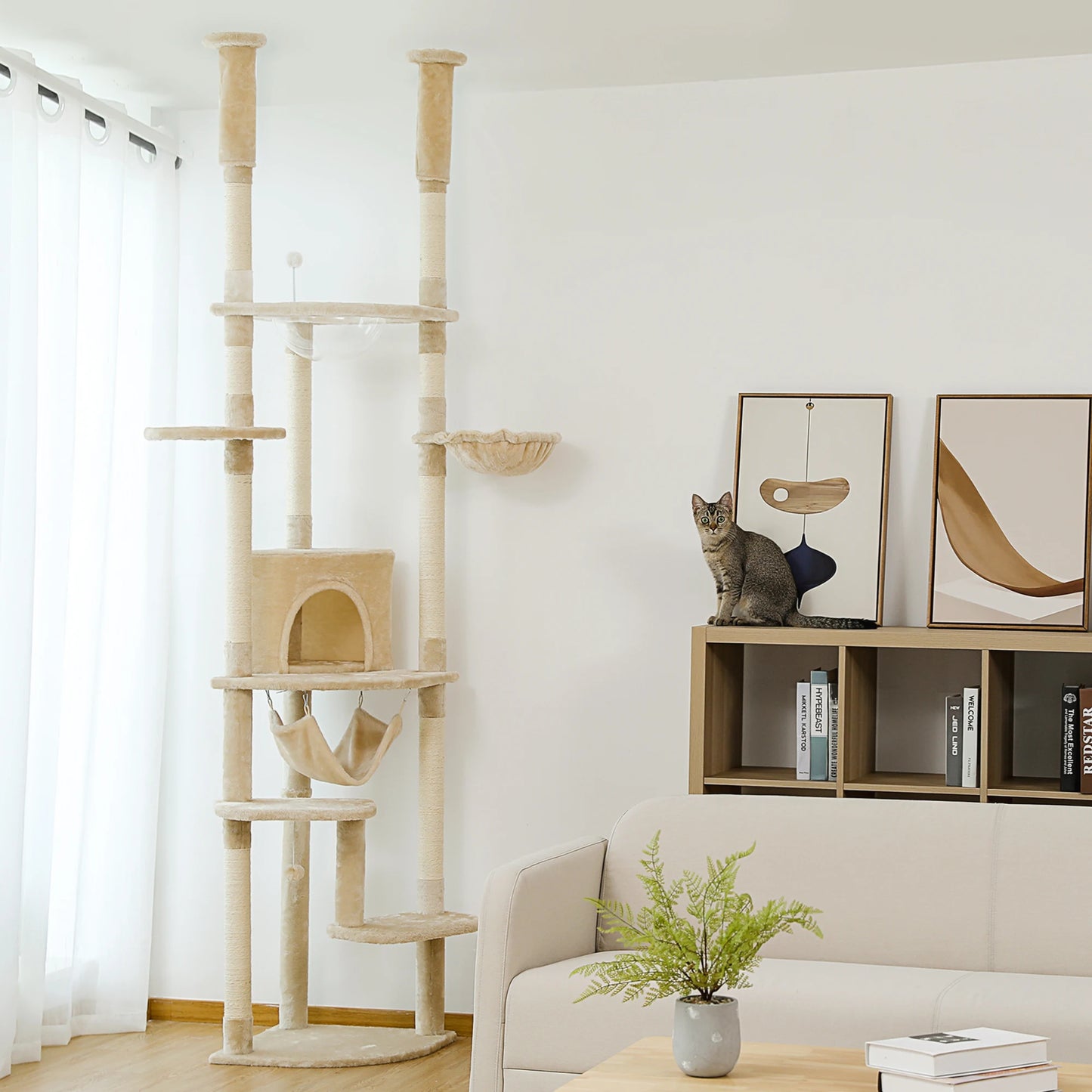 PEQULTI Cat Tree Tower With Acrylic Perch Hammocks Five Tiers Indoor Cats