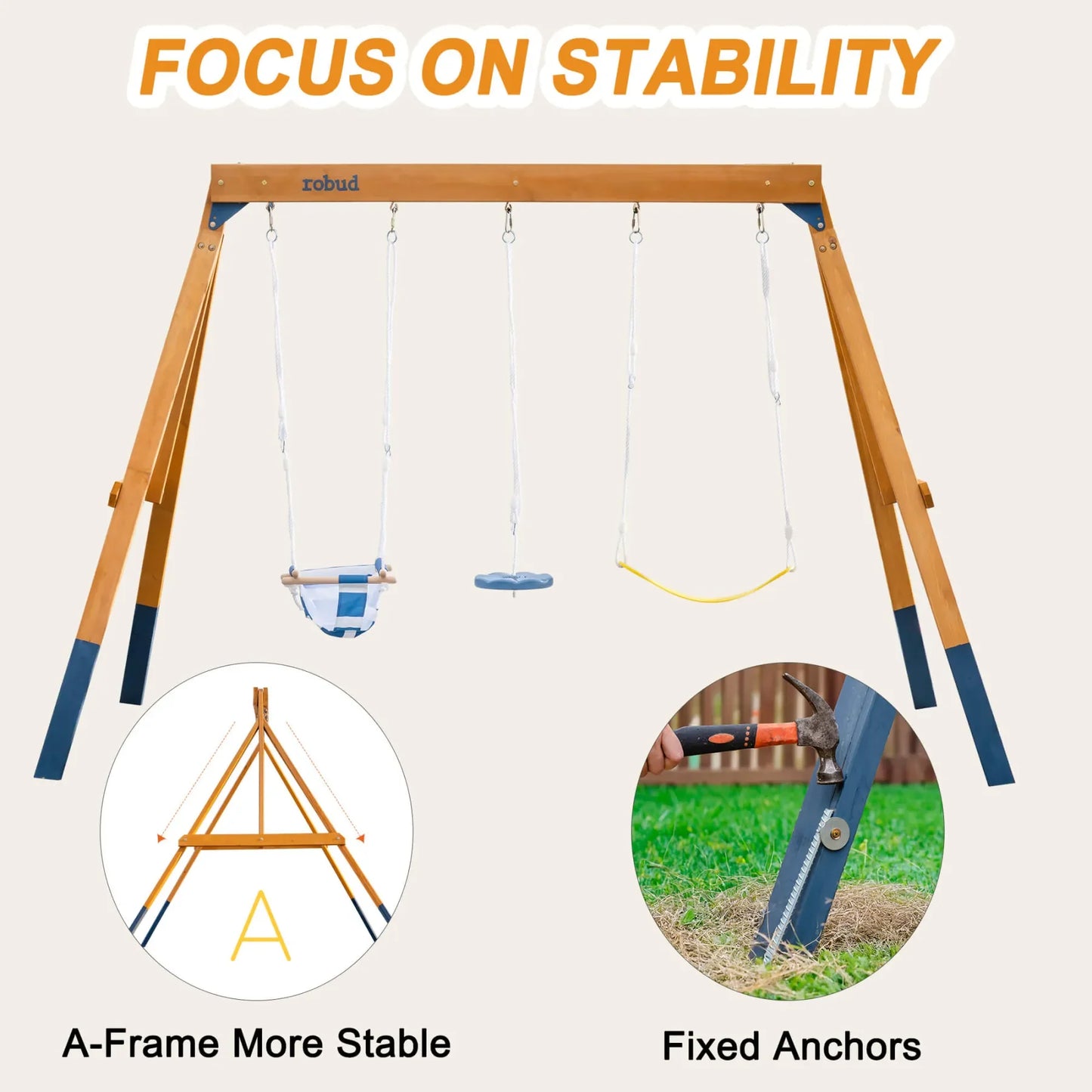 Robotime Robud 3 In 1 Playground Wooden Swing Set With Tree And Toddler Swings