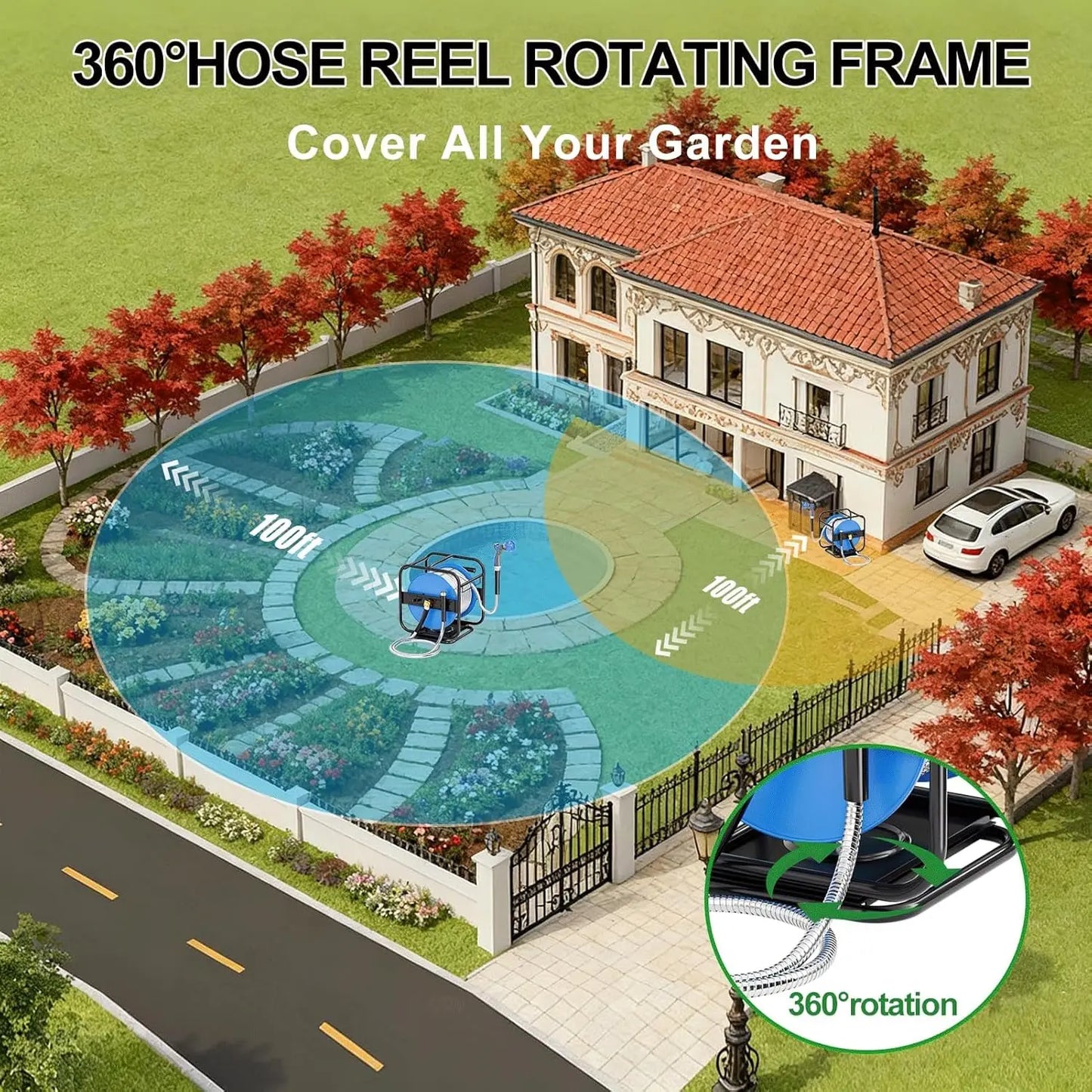 Upgraded Metal Garden Hose Reel With 304 Stainless Pipe