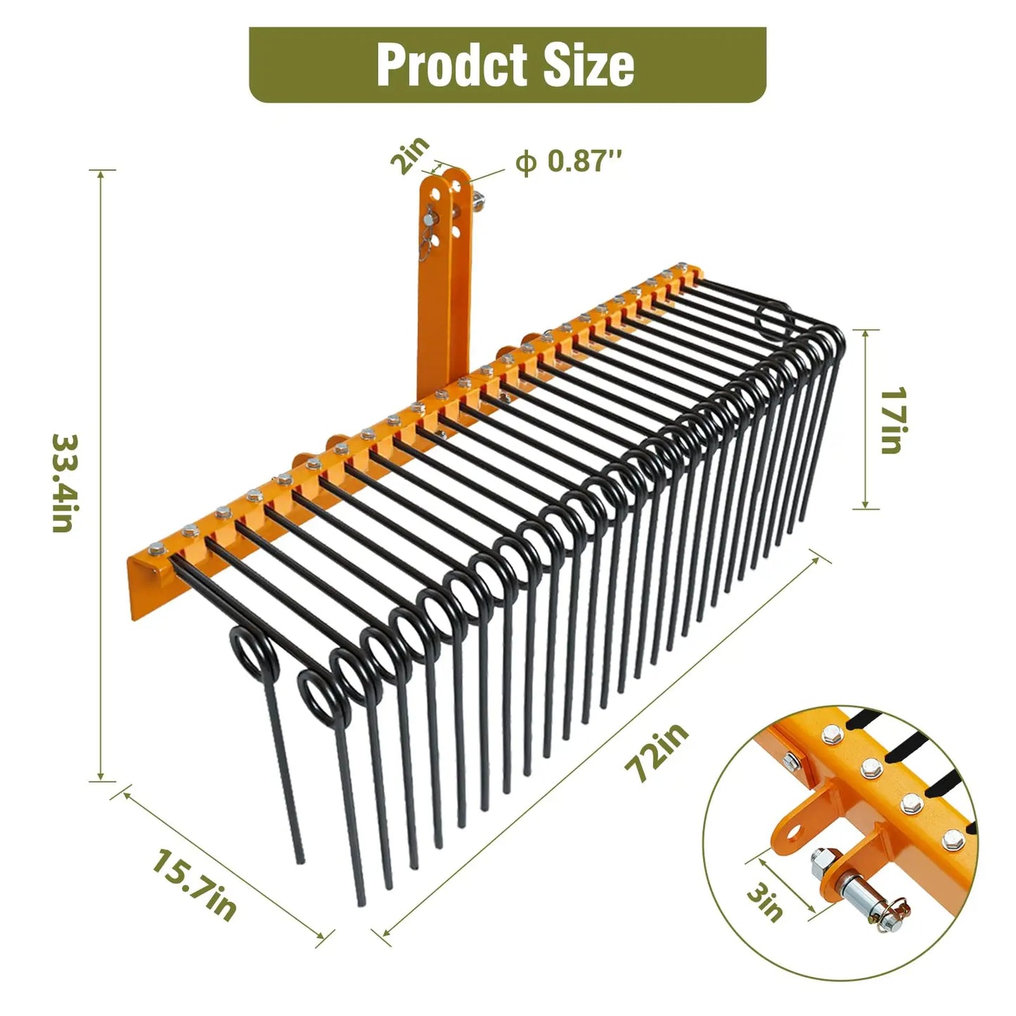 HiMISS Pine Straw Rake With Coil Spring Tines For Tractors
