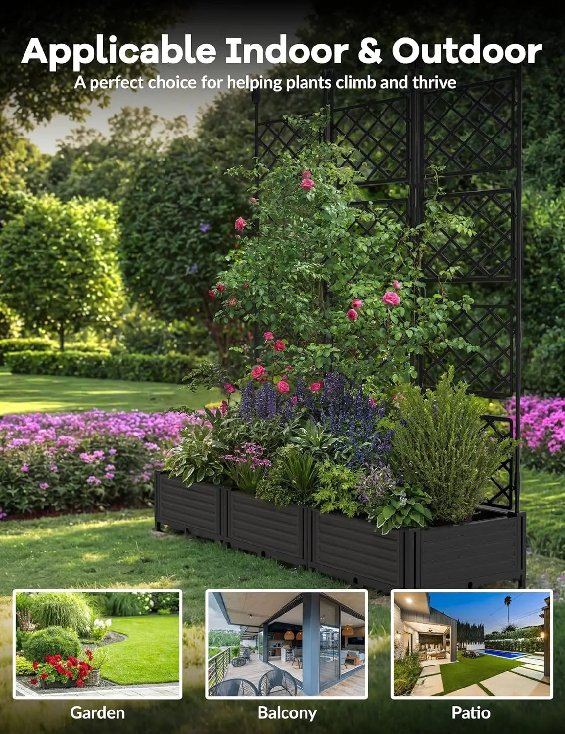 Three Piece Outdoor Raised Planter Boxes With Trellis