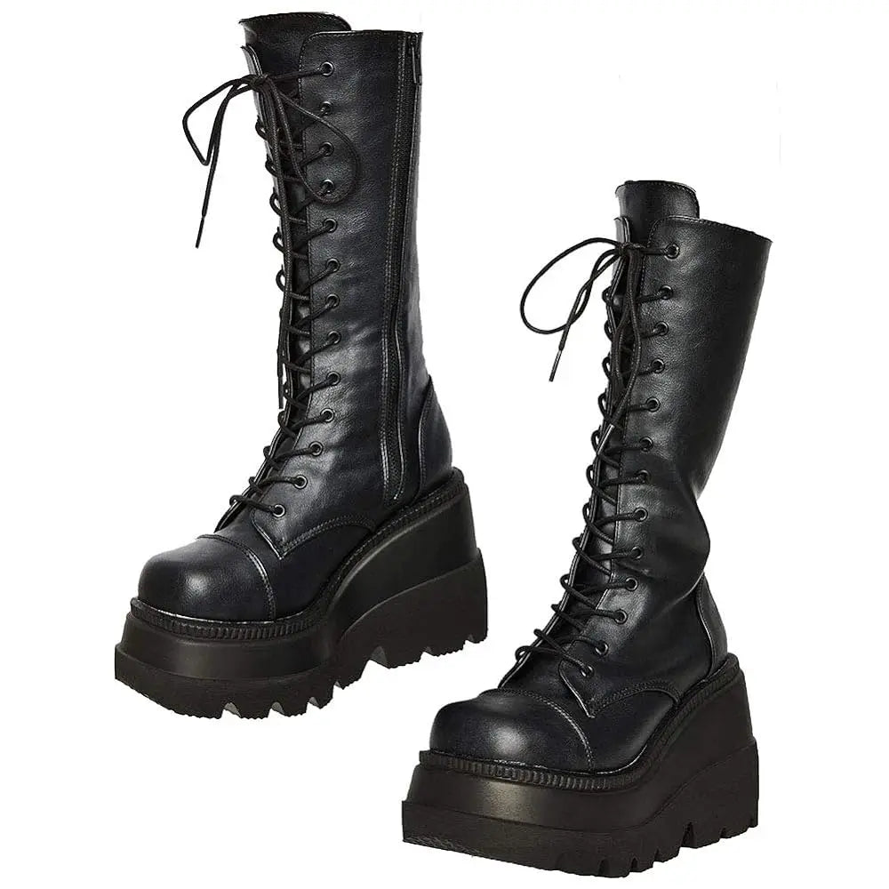 DoraTasia Gothic Mid Calf Boots With Side Zip Lace