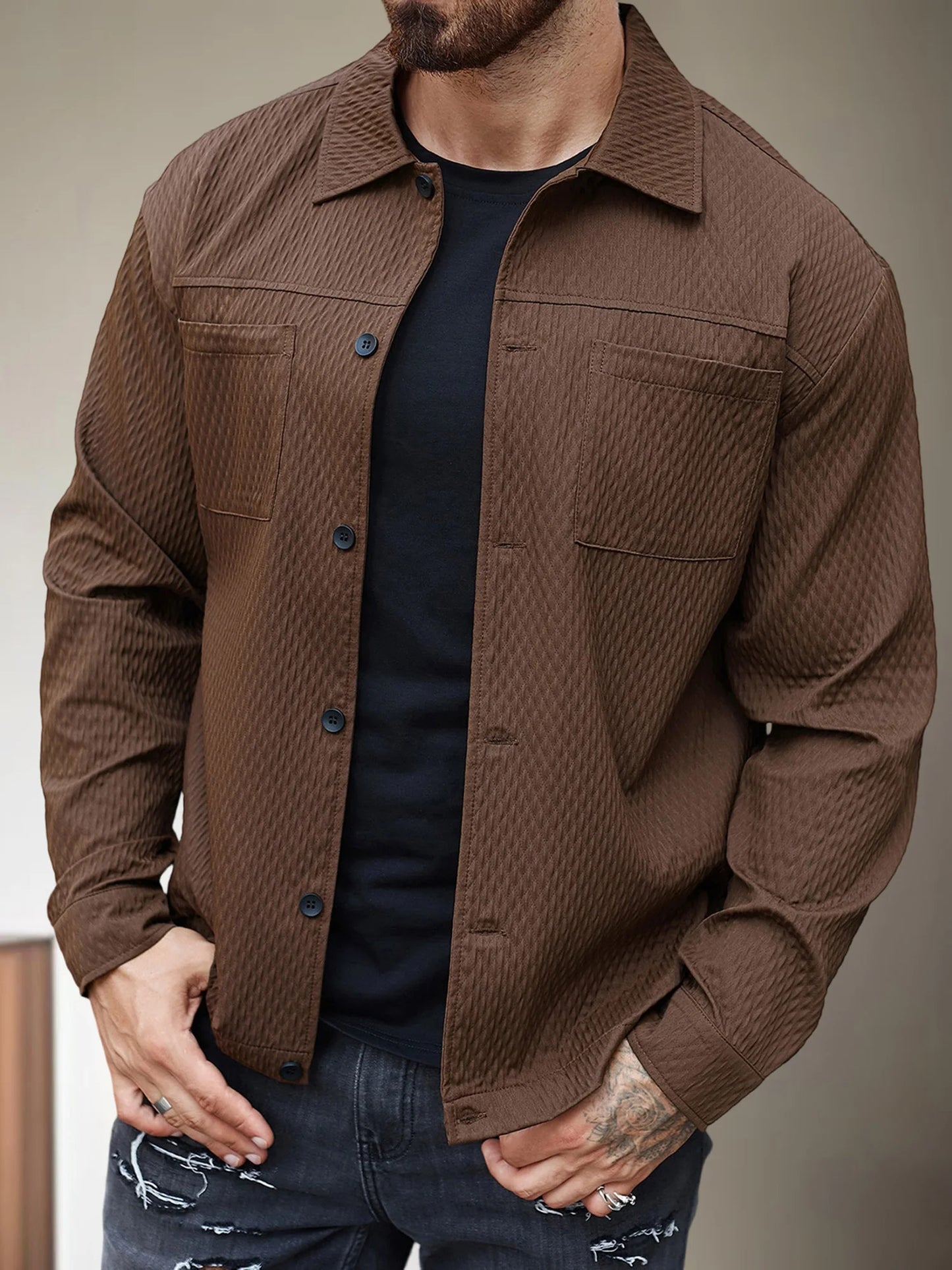 Mens Casual Shirt Jacket Long Sleeve Button Up Top Outerwear