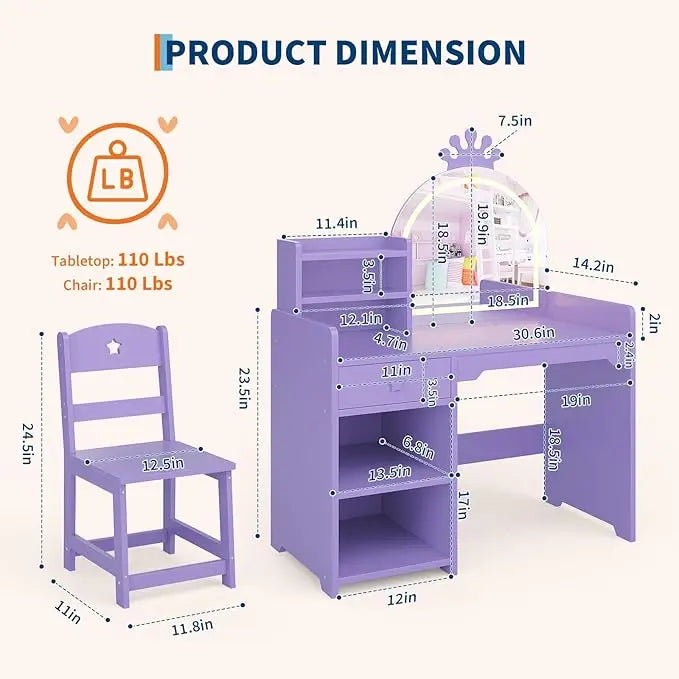 HiMISS Kids Vanity With Lights 2 In 1 Makeup DeskSet