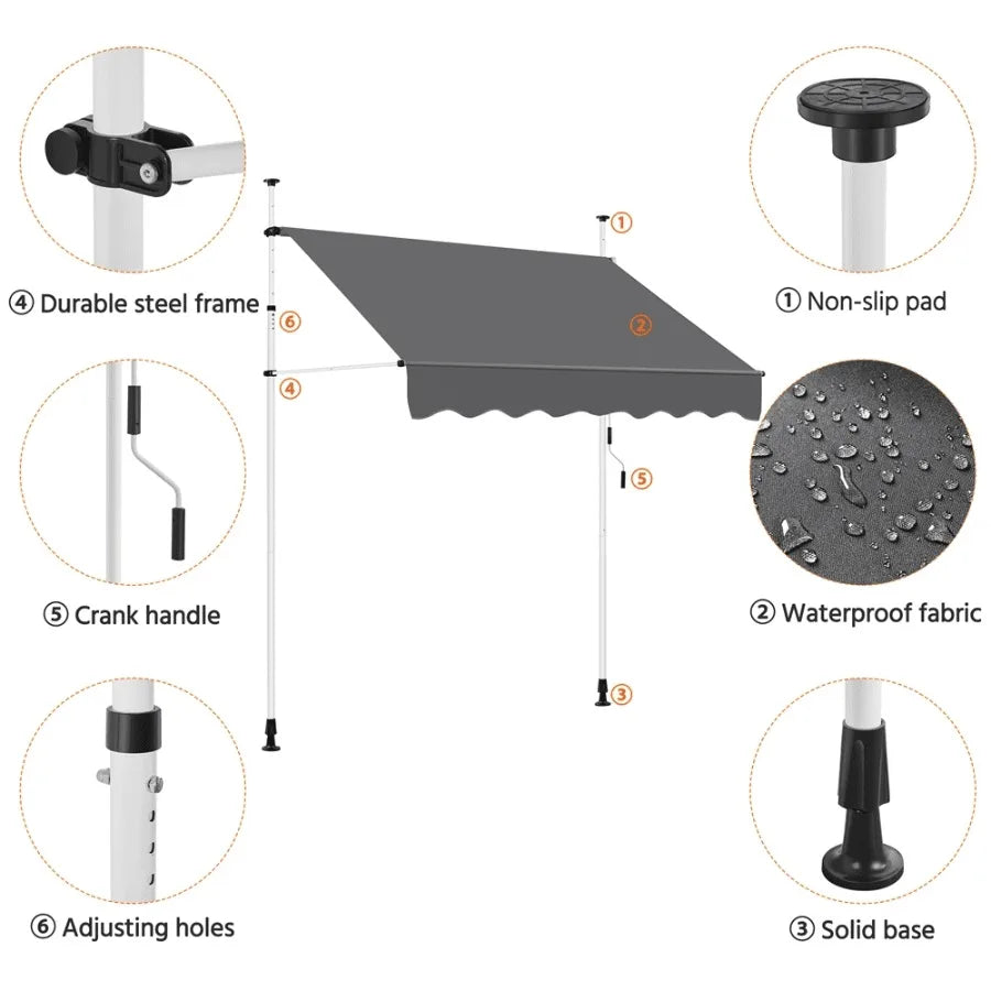 Manual Retractable Awning With Adjustable Angle And Height