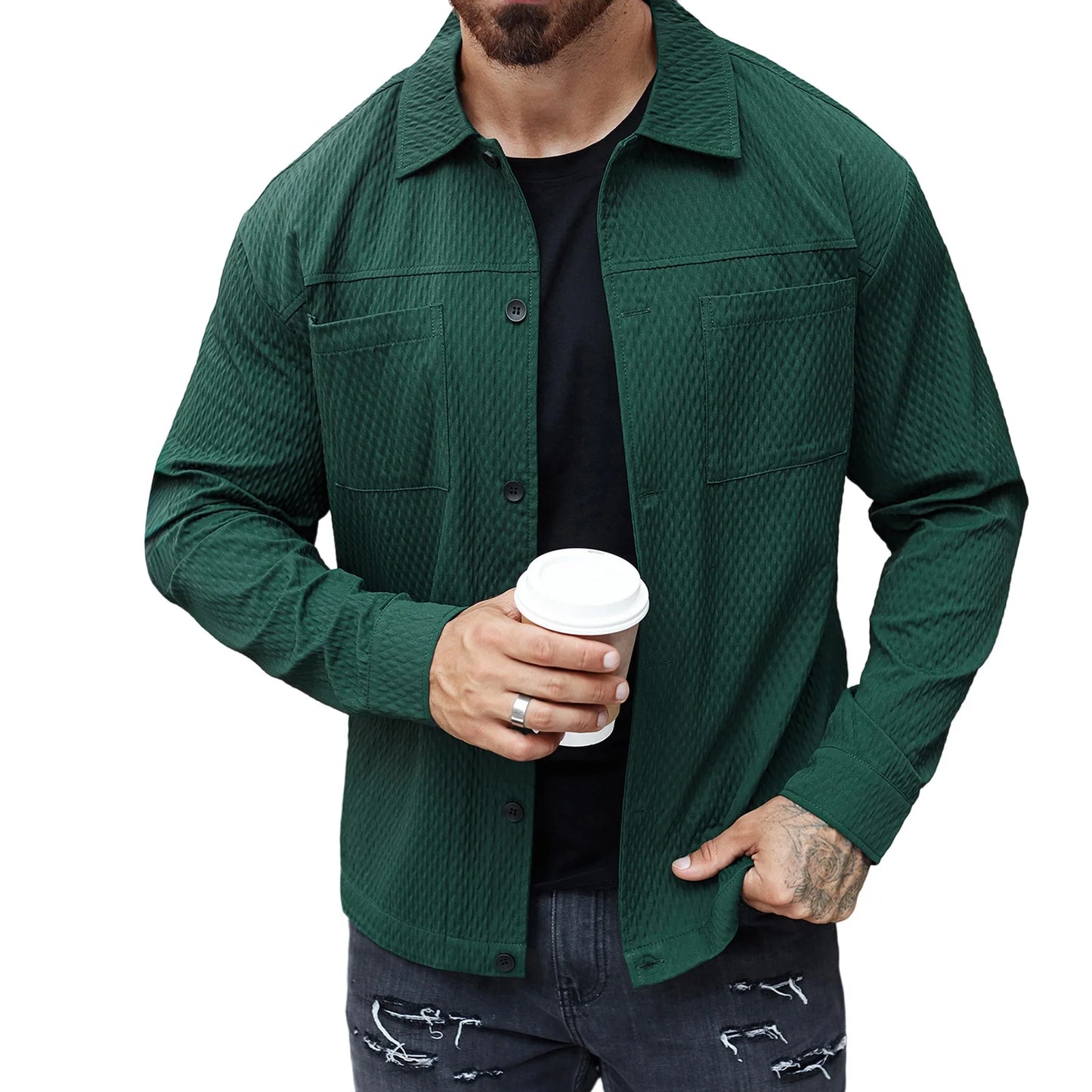 Mens Casual Shirt Jacket Long Sleeve Button Up Top Outerwear