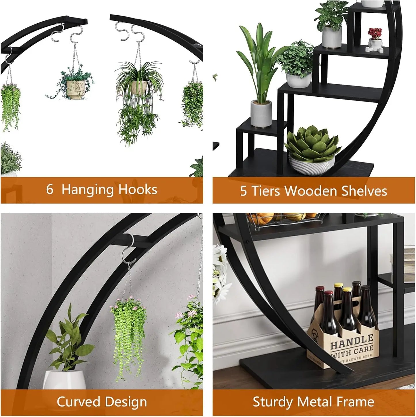 TWISTER.CK Five Tier Half Moon Metal Plant Stand Indoor Garden
