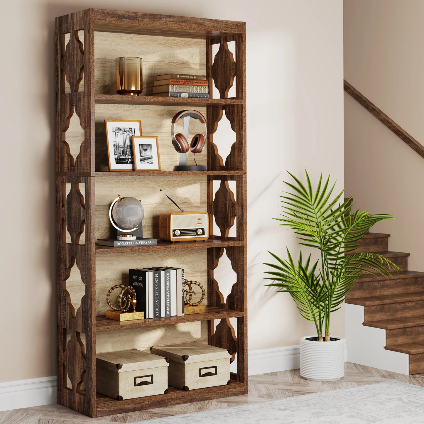 Tribesigns 5 Tier Bookcase Industrial Wood Shelves Floor Standing
