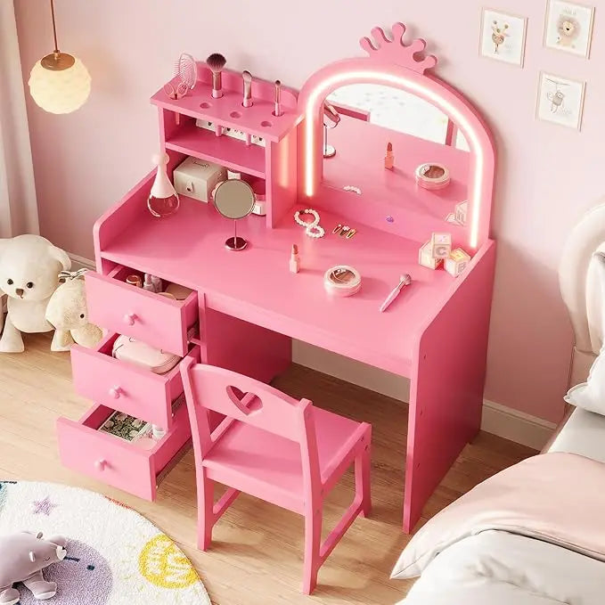 HiMISS Kids Vanity With Lights 2 In 1 Makeup DeskSet