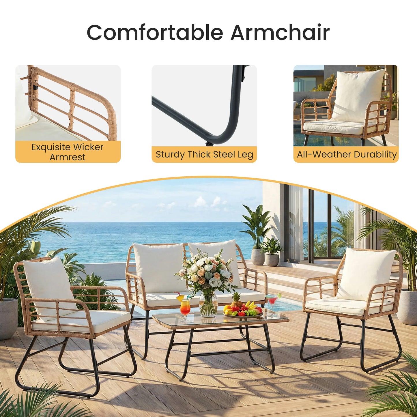 Outdoor Wicker Patio Furniture Set 4 Pieces With Glass Table