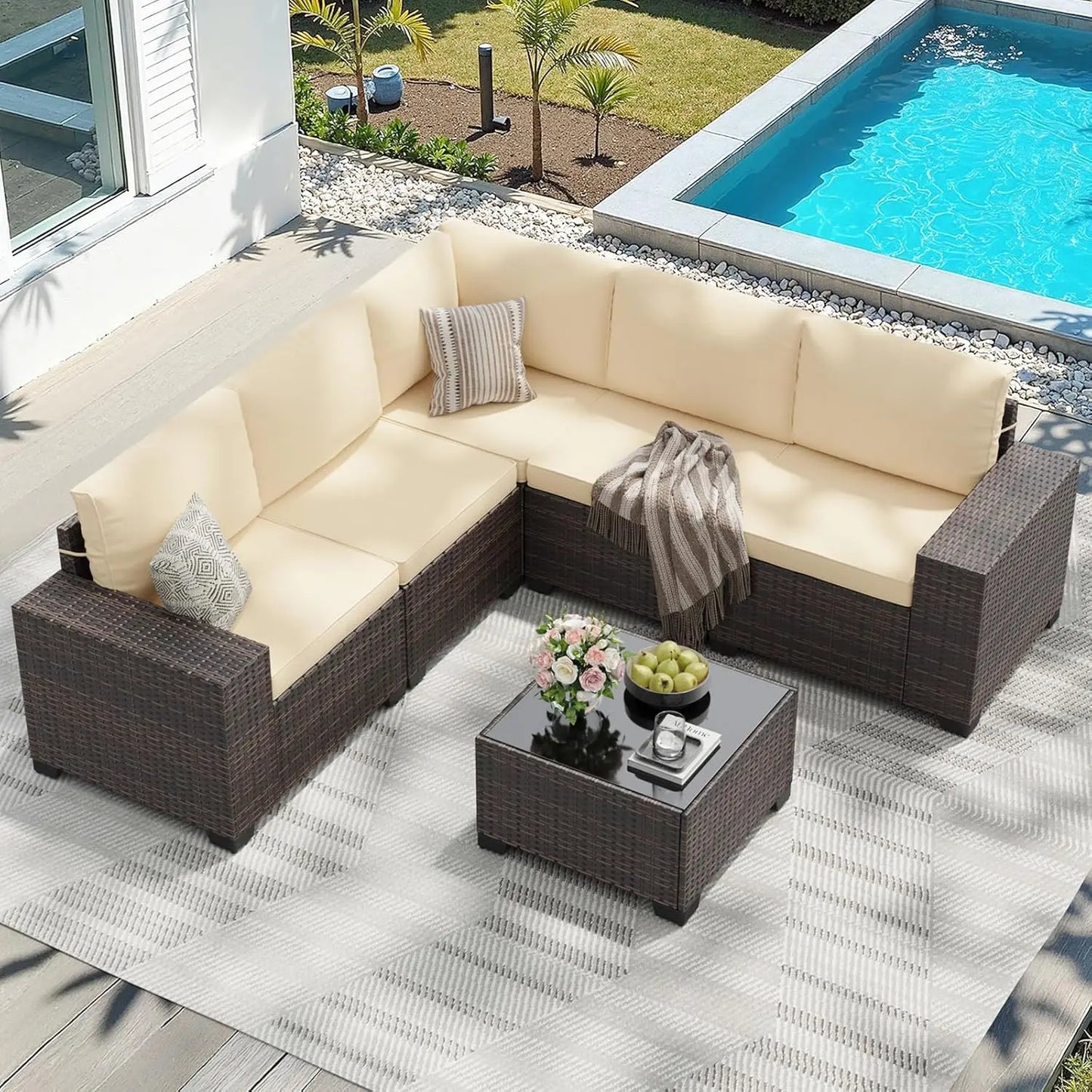 XIAOLANG All Weather Patio Furniture Set Six Piece Wicker Table