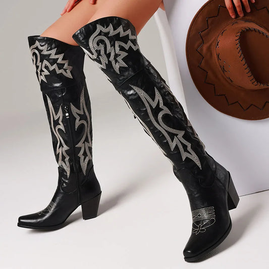 Women Over The Knee Western Boots With Square Toe Zipper