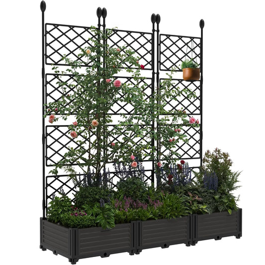 Three Piece Outdoor Raised Planter Boxes With Trellis