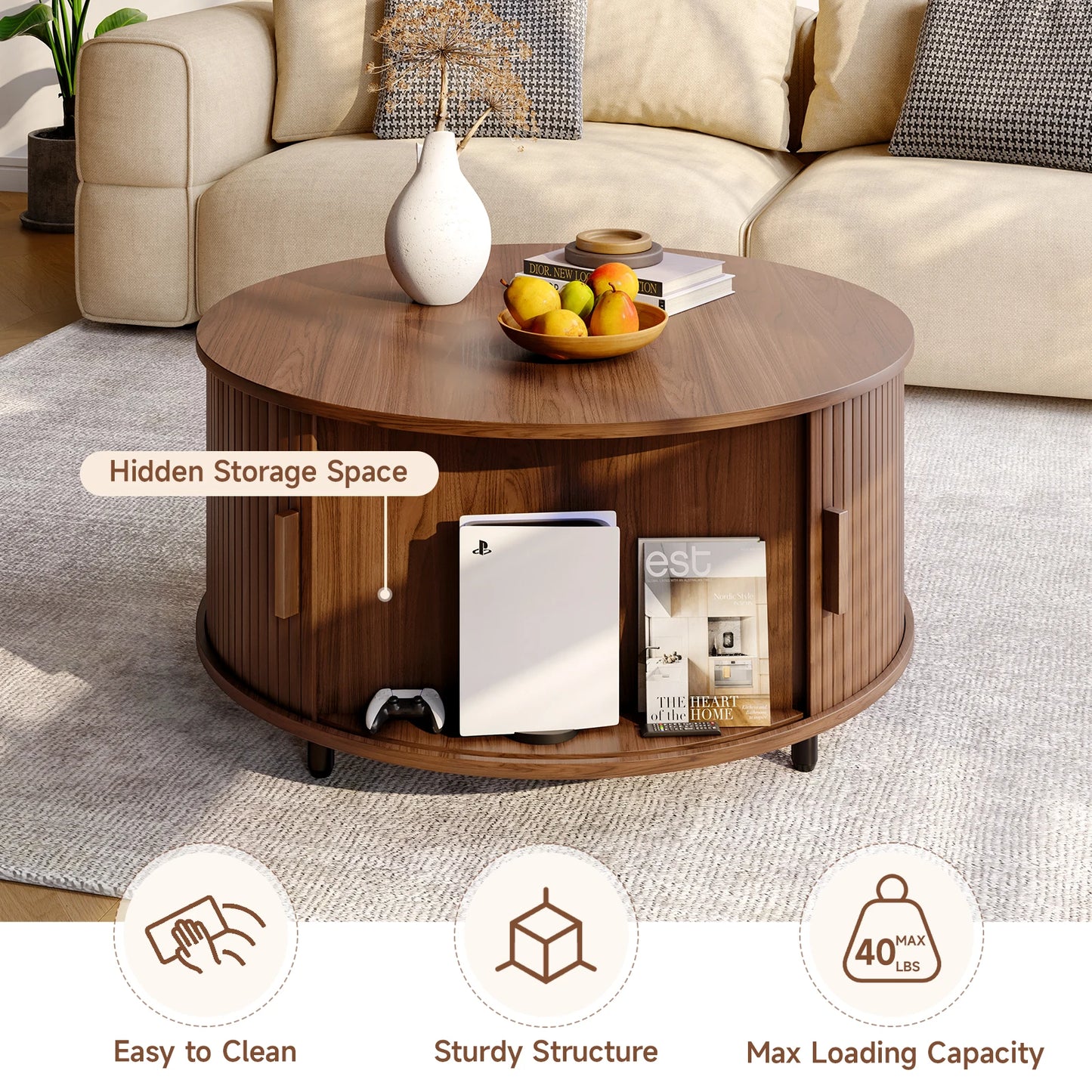 ONBRILL Round Coffee Table With Storage And Sliding Door