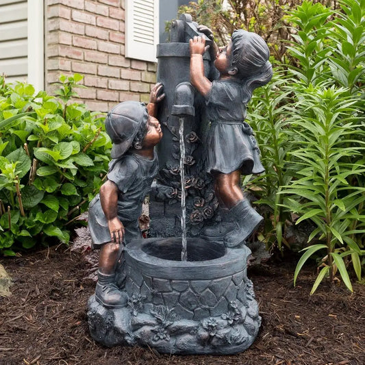 Trademark Global Outdoor Water Fountain With Boy And Girl Soothing Sound
