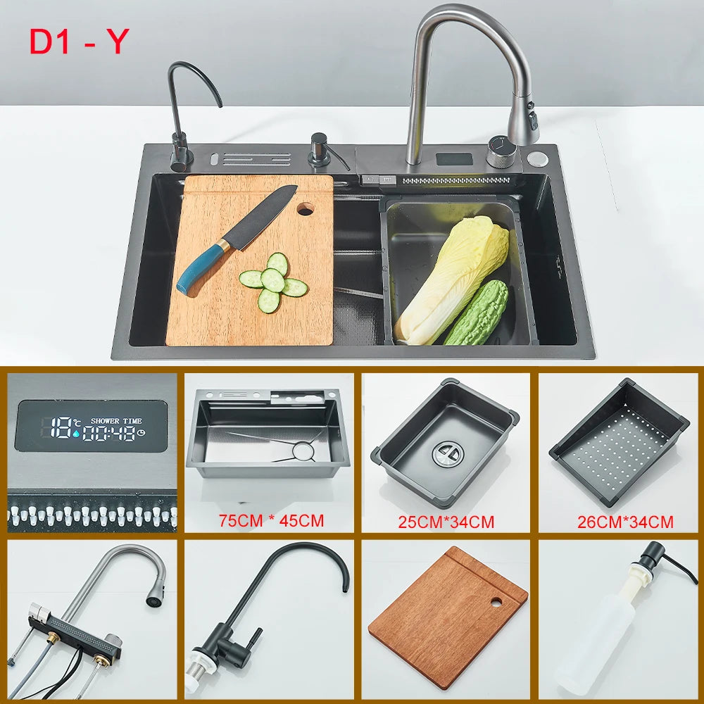 Multifunctional Kitchen Waterfall Sink With Digital Display 304 Stainless Steel