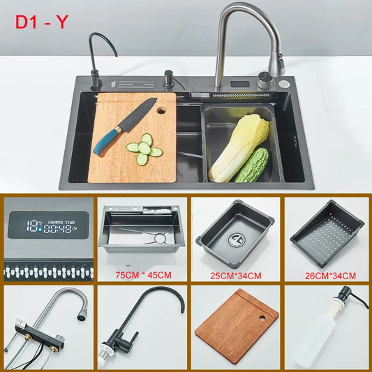 Multifunctional Kitchen Waterfall Sink With Digital Display 304 Stainless Steel