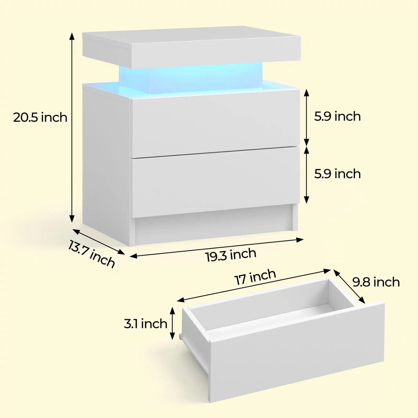 Cubehom LED Nightstands With 2 Drawers And RGB Lights For Bedroom
