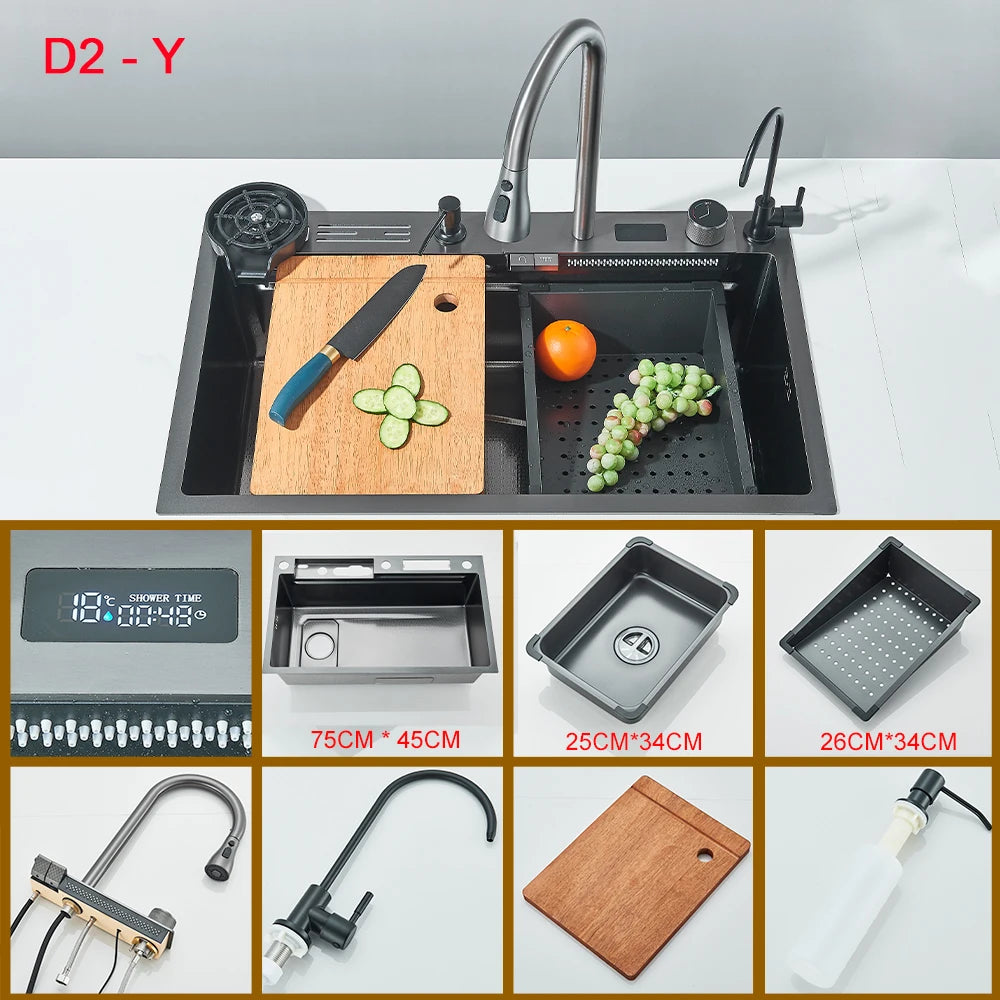 Multifunctional Kitchen Waterfall Sink With Digital Display 304 Stainless Steel