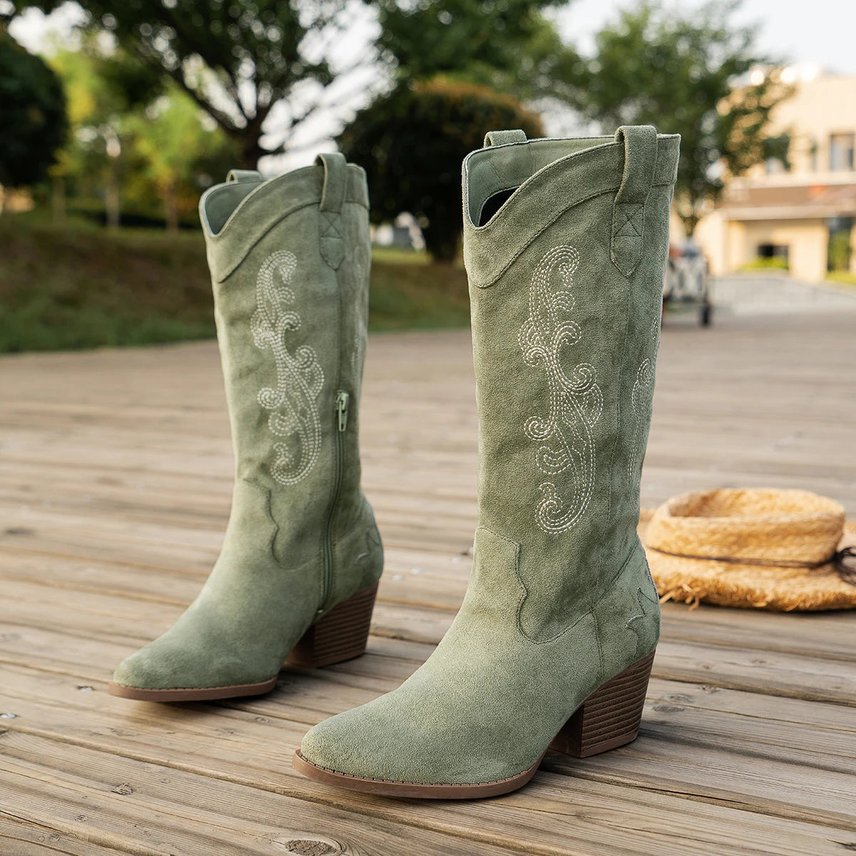 Velvet Knee High Western Embroidered Boots for Women